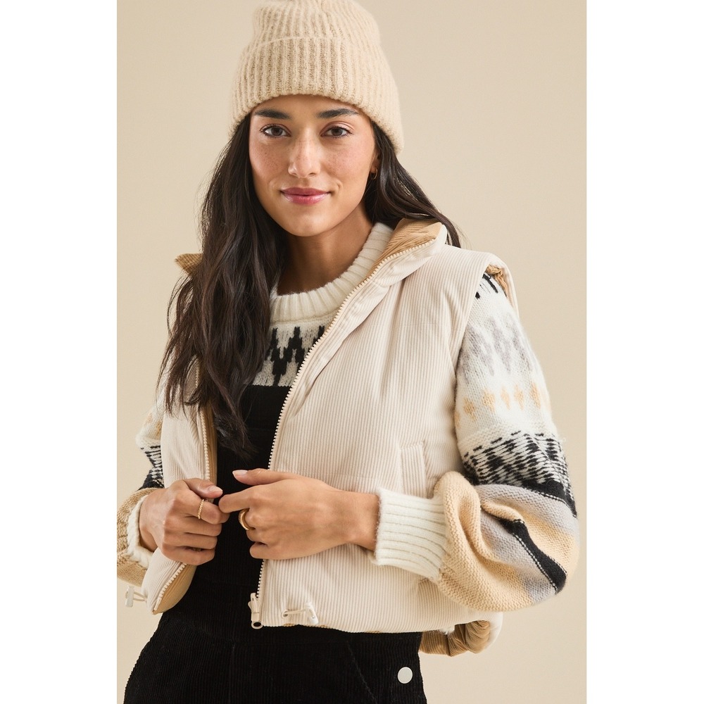 Altar'd State Reversible Crop Corduroy‎ Puffer Vest Cream Tan Size Small NWT